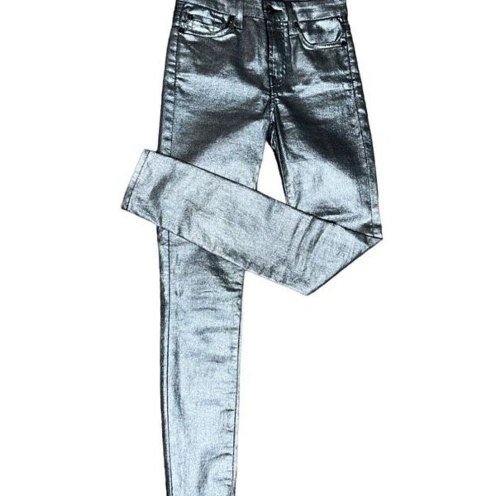 7 For All Mankind High Waist Silver Metallic Polished Cotton Skinny Jeans Size 2